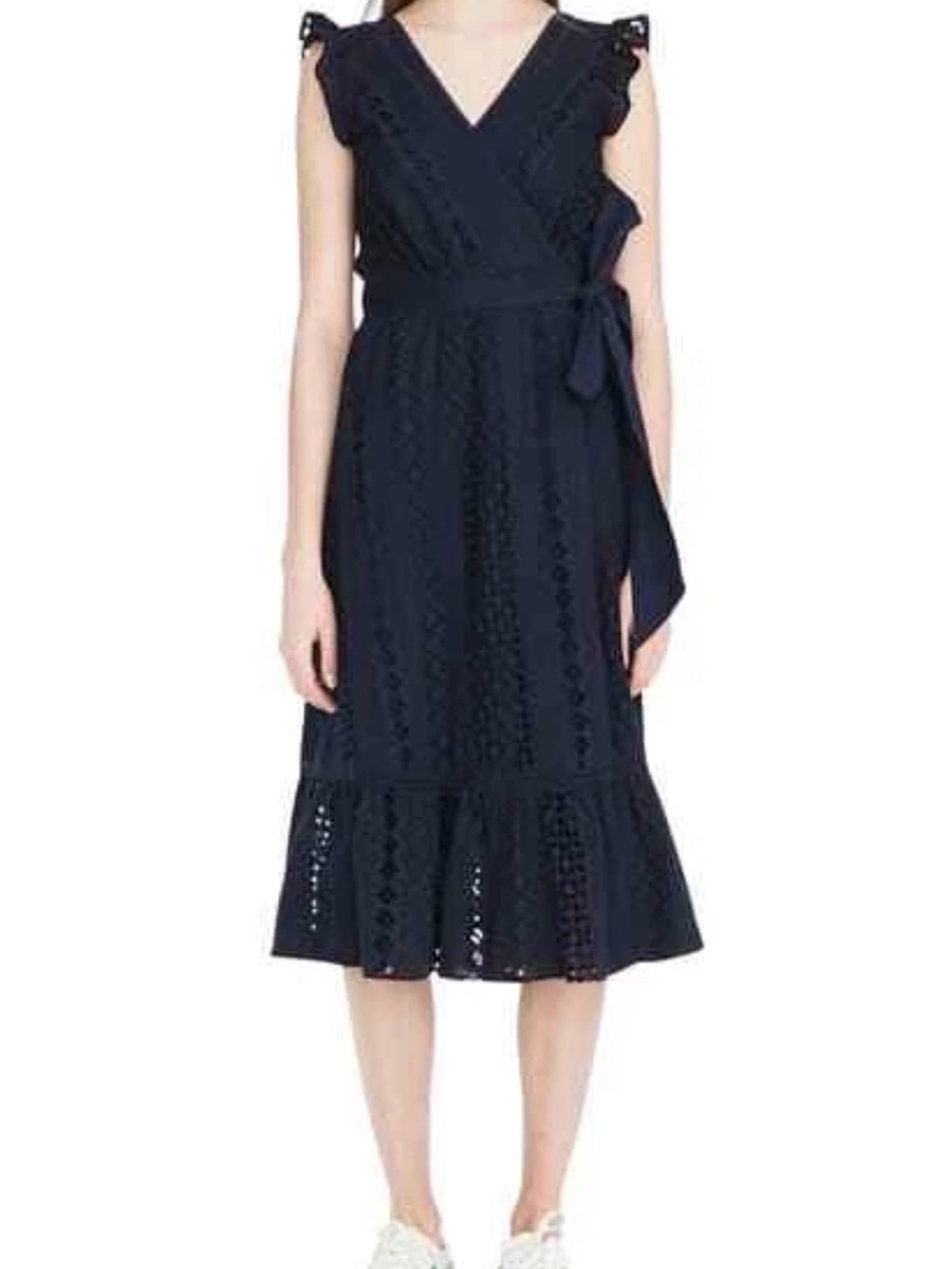 J Crew Sleeveless Navy Eyelet Wrap Midi Dress with Tie Waist